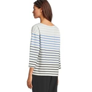 LL Bean Womens 2X Plus Boatneck Striped Cotton 3/4 Sleeve Top Blue White